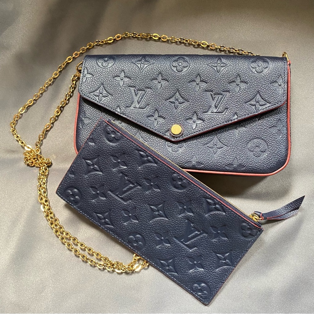 Louis Vuitton Monogram Empreinte Félicie Pochette Blue Leather Gold Chain